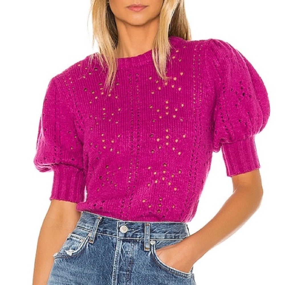 For Love and Lemons knitwear magenta pointelle puff sleeve sweater